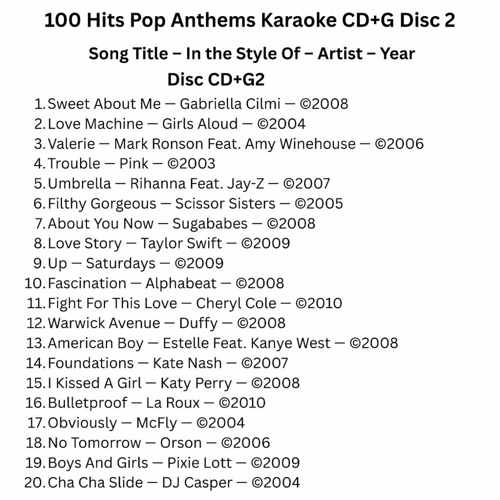 100 Hits Pop Anthems Karaoke Disc 2 CD+G Replacement Disc Karaoke Music - Picture 3 of 5